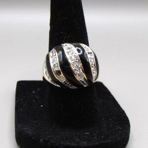 VTG 14K GE Black Enamel Dome Ring Size 7 Gold Electroplate CZ Stripes